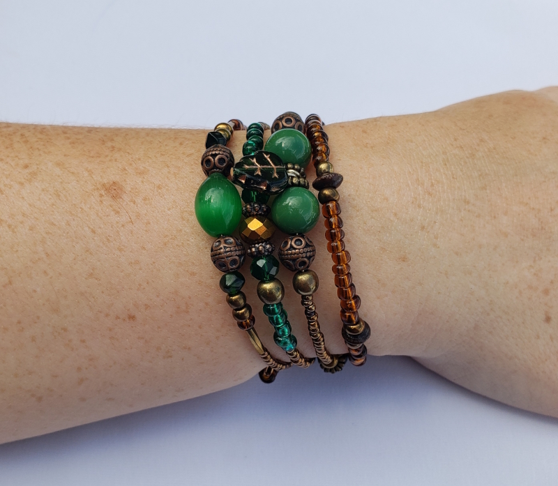 Four Band Bracelet - Bronze Green Leaf Charm - Image 3