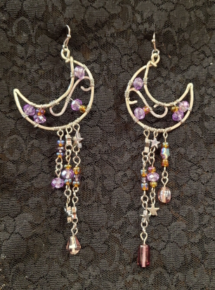 moon shape purple beads 3 dangles w/stars
