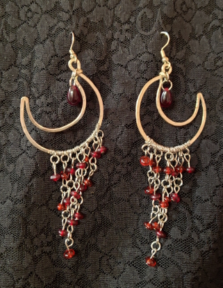 silver moon shape red beads 7 cascading dangles