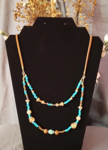 leather cord w/ dbl string of turq beads- "double western"