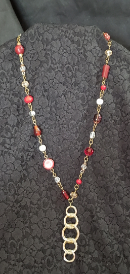 maroon rings - boho long red beads silver charms