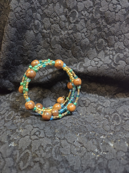 Three Layer Bracelet - Teal Green Wooden